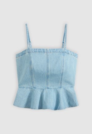 Svetlomodrý denimový bezrukávový top s nastaviteľnými tenkými ramienkami a volánovým zakončením v páse, predné vertikálne švy.