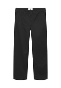 Black chinos made of smooth cotton fabric. Features a button closure, front pockets, and straight leg design with clean edges.