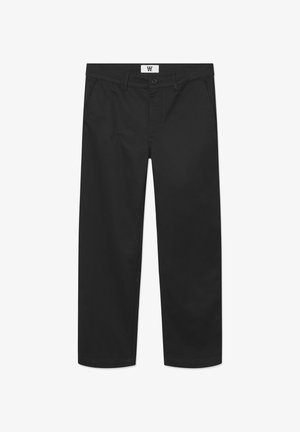 Chino noirs en tissu de coton lisse. Dotés d'une fermeture à bouton, de poches avant et d'une coupe droite avec des bords nets.