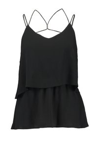 Camisola nera a strata con scollatura a V e spalline sottili. Presenta un orlo asimmetrico e una leggera lucentezza, realizzata in materiale leggero.