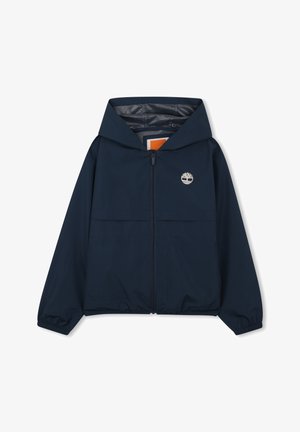 Marineblaue Kapuzenjacke mit durchgehendem Reißverschluss vorne, elastischen Bündchen und weißem Baum-Logo auf der linken Brust.