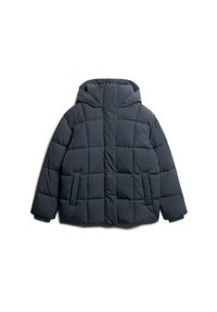 Gevoerde donkergrijze jasje met capuchon, met een boxy ontwerp, horizontale stitching en twee zijzakken. Gladde stof met een matte afwerking.