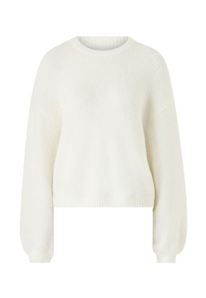 Suéter blanco de punto con cuello redondo, mangas largas y dobladillo corto. Presenta un acabado suave y texturizado y puños acanalados.