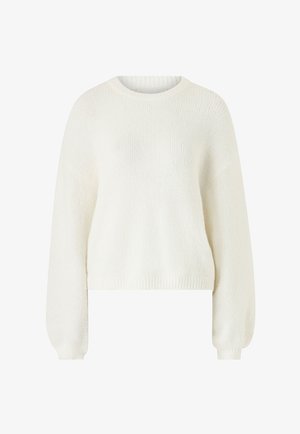 Hvid strikket sweater med rund halsudskæring, lange ærmer og kortet kant. Har en blød, tekstureret overflade og ribbede manchetter.