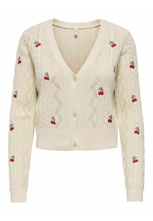 Cardigan en maille crème avec col en V, boutons sur le devant, motifs torsadés et petite broderie de cerises rouges sur les manches et le devant.