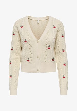 Cardigan en maille crème avec col en V, boutons sur le devant, motifs torsadés et petite broderie de cerises rouges sur les manches et le devant.