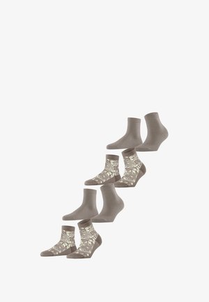 Set of five socks in light brown, including solid colors and patterned designs featuring floral motifs. Made of soft fabric, mid-calf length and ankle lengths.