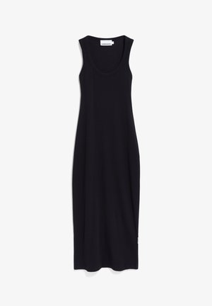 Schwarzes ärmelloses Kleid aus weichem, dehnbarem Stoff, mit rundem Ausschnitt und bodenlanger Silhouette in minimalistischem Design.