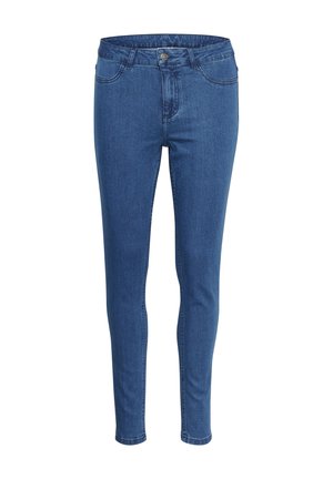 Blauwe slim-fit spijkerbroek met knoop- en ritsluiting, voor- en achterzakken en riemlussen.