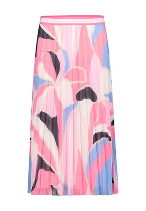 Plissérok van lichte, vloeiende stof met een bloemenpatroon in roze, blauw, zwart en wit. Elastische tailleband met contrasterende bies.