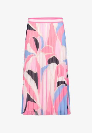 Plissérok van lichte, vloeiende stof met een bloemenpatroon in roze, blauw, zwart en wit. Elastische tailleband met contrasterende bies.