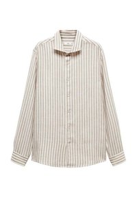 Chemise à rayures crème et beige avec des lignes verticales. Manches longues, col et devant boutonné. Tissu léger avec une texture lisse.