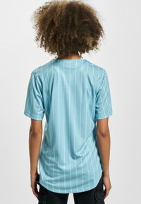 Camicetta azzurro chiaro a maniche corte con righe bianche verticali, scollatura rotonda e tessuto liscio e strutturato. Vista posteriore mostrata.
