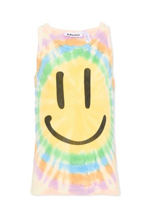 Canotta tie-dye con colori pastello e una grande faccina nera sorridente sulla parte anteriore, senza maniche con scollo rotondo e etichetta "Molo".