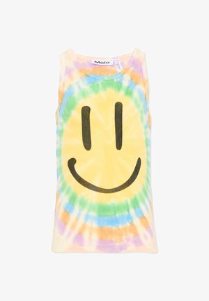 Tie-dye tanktop met pasteltinten en een groot zwart smileygezicht op de voorkant, mouwloos met een ronde hals en een "Molo" label.