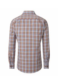 Langärmliges Hemd im mehrfarbigen Karomuster in Braun, Blau und Weiß. Baumwollstoff mit einem klassischen Kragen und knöpfbaren Manschetten.