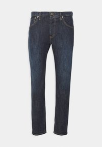 Granatowe dżinsy o prostym kroju, z kontrastującymi żółtymi szwami, pięcioma kieszeniami oraz klasycznym zapięciem na guziki i zamek błyskawiczny.