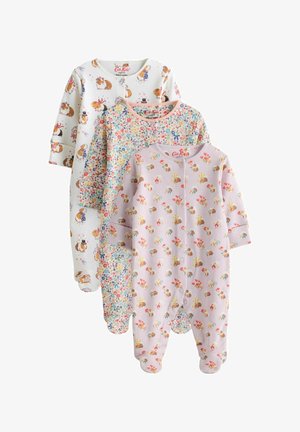 Tre tutine in cotone per bambini con stampe di animali e fiori giocose. I colori includono bianco, rosa pastello e azzurro chiaro. Chiusure a scatto visibili.