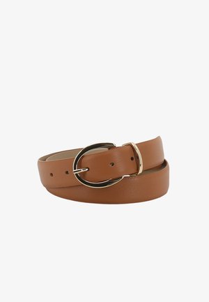 Tan leather belt with a smooth texture, featuring a circular metallic buckle and multiple holes for size adjustment.