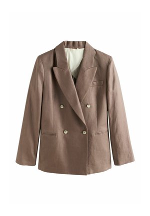 Sacou maro cu dublu piept cu rever ascuțit, patru nasturi albi și două buzunare frontale cu fante, prezentat pe un fundal alb.