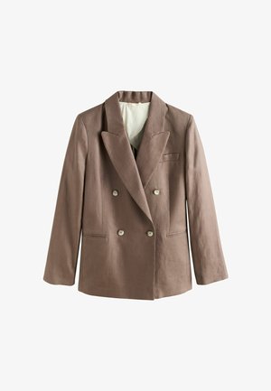 Hnedé dvojradové sako s výčnelkovými klopami, štyrmi bielymi gombíkmi a dvoma prednými prepásanými vreckami, zobrazené na bielom pozadí.