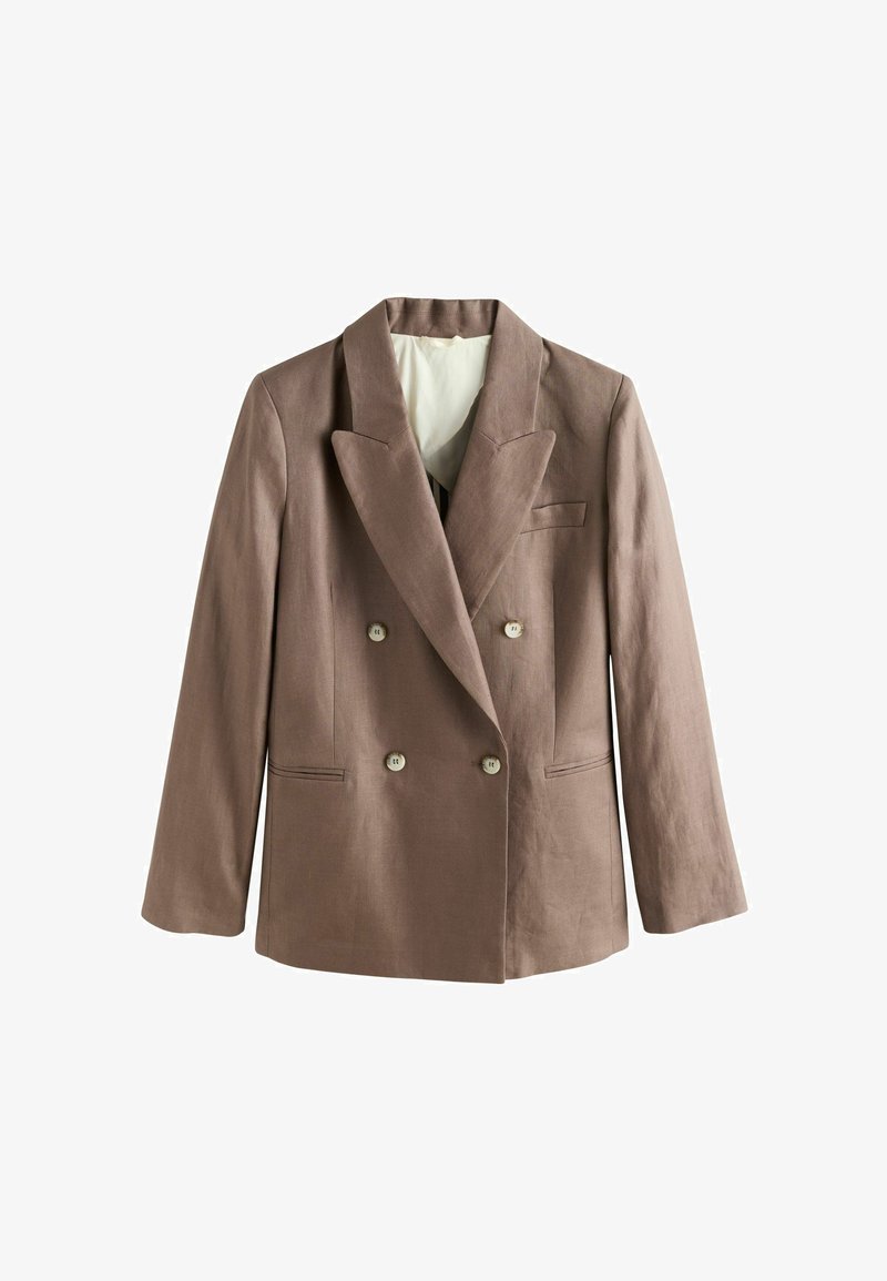 Veston croisé marron avec revers à pointe, quatre boutons blancs et deux poches à fente à l'avant, présenté sur un fond blanc.