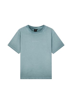 Lichtblauw T-shirt met korte mouwen, ronde hals en kleine witte ""TOMORROWLAND"" tekst gecentreerd op de borst.