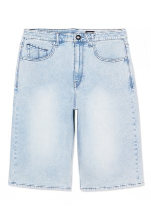 Hellblaue Jeansshorts mit vorderem Knopf, Reißverschluss, Gürtelschlaufen und zwei vorderen Taschen, darunter eine kleine Münztasche.