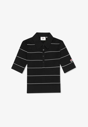 Sort polo med korte ærmer med hvide vandrette striber, knappet stolpelukning, krave og lille logopatch på venstre ærme.