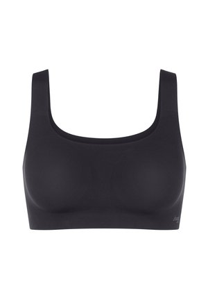 Reggiseno sportivo nero wireless senza cuciture con spalline larghe e scollo ampio, progettato per comfort e supporto.