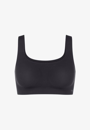 Czarny bezężowy bezprzewodowy sportowy biustonosz z szerokimi ramiączkami i dekoltem w serek, zaprojektowany dla wygody i wsparcia.