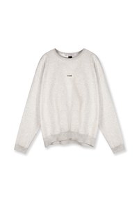 Lichtgrijze sweatshirt gemaakt van textuurstof, met een ronde halslijn, dropping schouders en een klein logo in het midden.