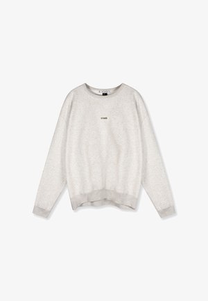 Lichtgrijze sweatshirt gemaakt van textuurstof, met een ronde halslijn, dropping schouders en een klein logo in het midden.