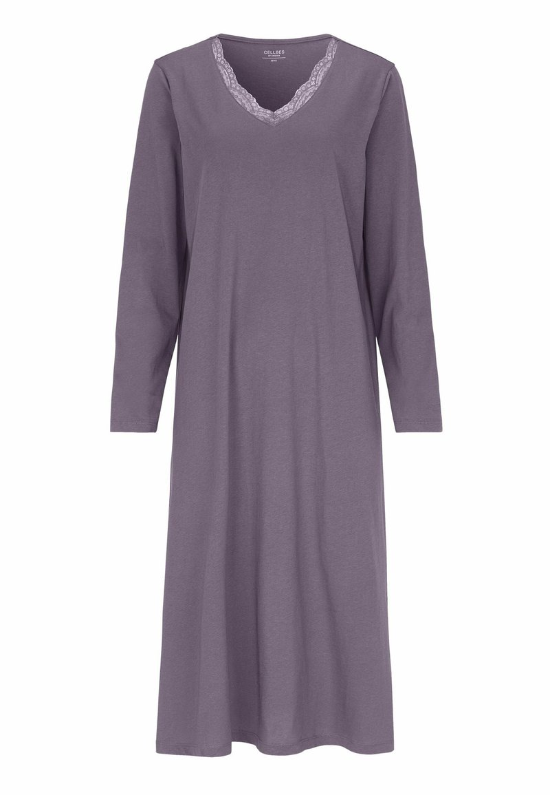 Pitkähihainen yöpaita pehmeästä purppuran värisestä puuvillasta, jossa on V-mallinen kaula-aukko, johon on lisätty herkkiä pitsiyksityiskohtia ja rento istuvuus.