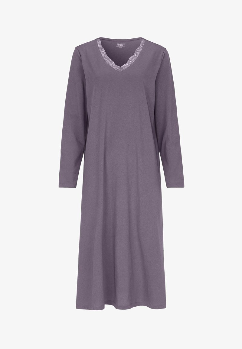 Langærmet natkjole i blød lilla bomuld, med en V-halsudskæring dekoreret med fint blondekant og en afslappet pasform.