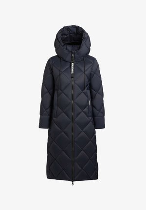 Marineblauwe gewatteerde jas met een ruitpatroon, voorzien van een hoge capuchon, lange mouwen, een ritssluiting aan de voorkant en gemarkeerde koorden.