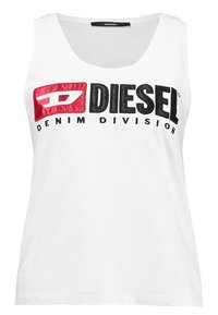 Débardeur en coton blanc avec un grand logo Diesel noir et rouge incluant le texte "DENIM DIVISION", col rond et sans manches.