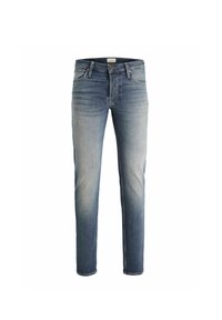 Jeans de denim azul con corte recto, presentando un degradado de claro a oscuro, cinco bolsillos y una textura de tela típica del denim.