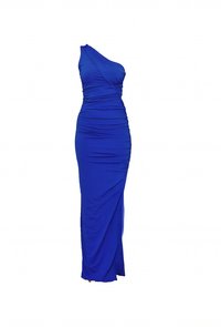 Μπλε φόρεμα με έναν ώμο από ελαστικό ύφασμα, διαθέτει ρυτιδωμένες λεπτομέρειες και μακριά, εφαρμοστή σιλουέτα, με ομαλή υφή.