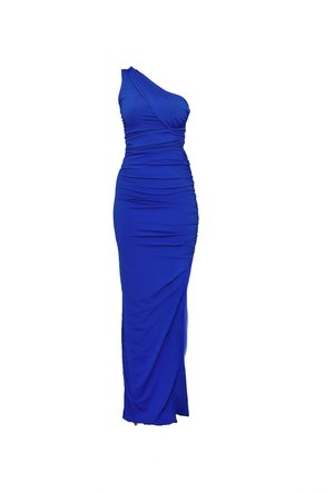 Zila viena pleca kleita no elastīga auduma, ar savilktiem akcentiem un garu, pieguļošu siluetu, ar gludu tekstūru.