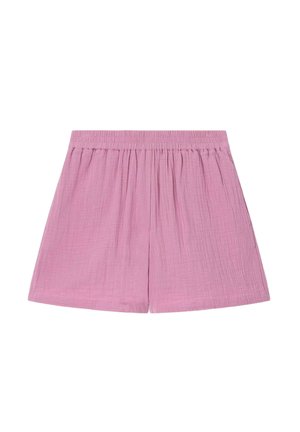 Shorts légers en tissu couleur lilas avec une taille élastique et une apparence légèrement texturée et froissée.