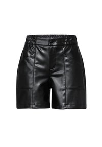 Pantaloni corti neri in similpelle con vita elastica, cuciture dettagliate, due tasche frontali e una superficie liscia e lucida.