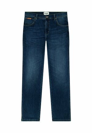 Ciemnoniebieskie dżinsy wykonane z denimu, z prostym krojem nogawki, widocznym przeszyciem i zapięciem na guzik w pasie. Dołączona metka Wrangler.