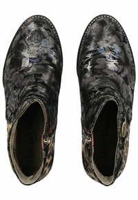 Stivaletti neri alla caviglia con motivo floreale e tessuto testurizzato, con un accento animalier sulla parte posteriore e zip decorative sui lati.