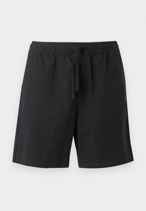 Shorts noirs décontractés avec taille élastique et cordon frontal, longueur genou, design simple, sans logos ni motifs visibles.