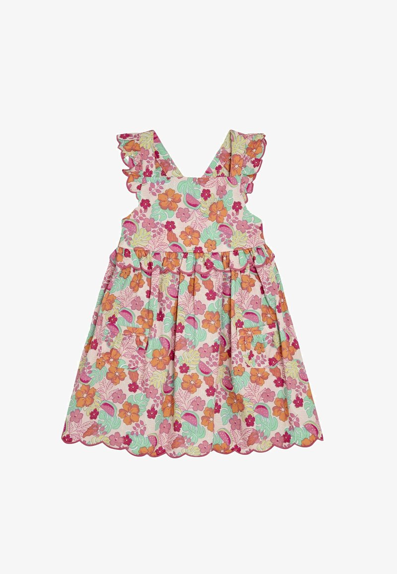Blumenkleid mit Rüschenträgern, einem pinken und grünen Blumenmuster, gewelltem Saum und zwei Vordertaschen. Hergestellt aus leichtem Stoff.