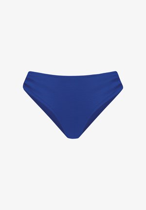 Niebieskie teksturowane majtki bikini o klasycznym niskim kroju, przeznaczone do użytku kąpielowego.