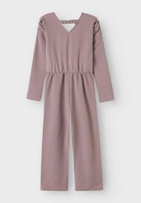 Lila långärmad jumpsuit med V-hals och rynkade axelsömmar. Har resårmidja och vid ben design. Mjuk, texturerad tyg.