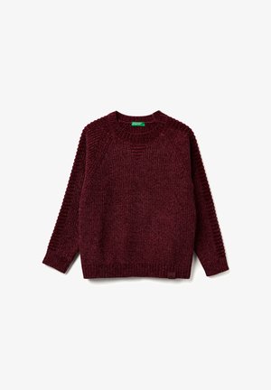 Maglione lavorato a maglia bordeaux con scollatura rotonda, polsini e bordo a coste. Presenta un tessuto testurizzato con una vestibilità rilassata e maniche raglan.