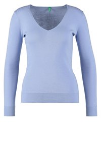 Light blue long-sleeve sweater with a deep V-neck, featuring ribbed texture at the cuffs and hem. Made from soft, stretchy material.